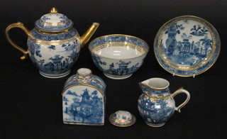 An 18th Century Oriental blue and white porcelain teapot  decorated urns, a circular bowl 6", circular dish 6", a sparrow  beak jug 3 1/2", together with a tea caddy 4" no lid,   ILLUSTRATED