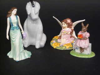 A Beatrix Potter Royal Doulton figure - Sitting on the Suitcase,  do. Fairy Figure, do. Classic Pooh figure of an Eeyore money  box and do. Pretty Ladies Loving Thoughts