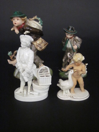 An Austrian figure of a walking tramp 10", 1 other boy with gun  8", f, a porcelain figure of a standing girl with goose 6" and a  blanc de chine porcelain figure