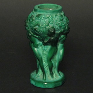 A green glass vase decorated a standing naked lady 5"