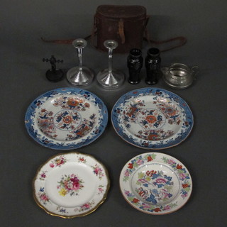 A pair of binoculars, a pair of chrome candlesticks, ring stand and various decorative ceramics