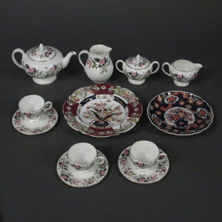 A Wedgwood 44 piece Hathaway Rose pattern tea service  comprising twin handled bowl 8", teapot, cream jug 4", milk jug  3", twin handled sucrier, 2 plates 9 1/2", 6 side plates 7", 6 tea  plates 6", 6 bowls 5", 6 bowls 6", sugar bowl, 6 cups and 6  saucers, together with a Japanese Imari plate with lobed border  8" and an ironstone plate 10"