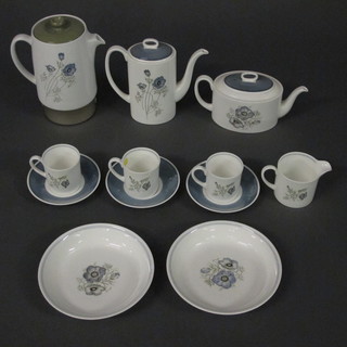 A Wedgwood Susie Cooper 59 piece Glen Mist pattern tea/dinner service comprising 2 oval meat plates 15" and 14", circular dish  9", sauce boat 6", 4 dinner plates 11", 2 plates 9", 4 plates 9", 4  plates 8", 4 plates 7", 6 plates 6", 3 bowls 8", coffee pot, teapot,  saucer 7", 11 saucers 6", 9 cups, 2 sugar bowls, 2 milk jugs and  a matching Russell Hobbs automatic coffee pot