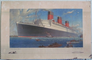 After William McDowell, coloured poster of "The Cunard  White Star RMS Queen Mary" 15" x 28", some damage to the mount,
