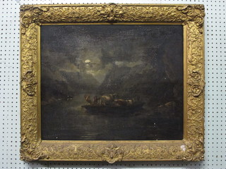 An 18th/19th Century oil on board "The Moonlit Cattle Ferry"  the reverse with F G Davies & Sons label Belfast 19" x 23",  some crackling, contained in a heavy gilt frame