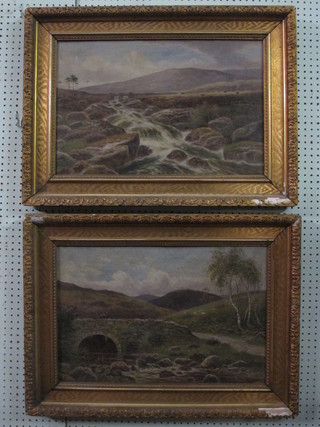 A pair of 19th Century oil paintings on canvas "Moorland Studies  with Torrent and Bridge" 15" x 23" contained in gilt frames