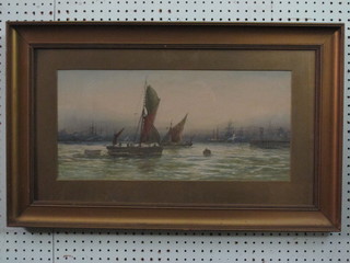 Impressionist watercolour drawing "Barges in Harbour" indistinctly signed to left hand bottom corner 9 1/2" x 20"