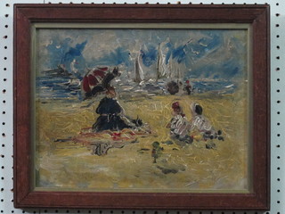 19th Century impressionist oil on board "Beach with Figures"  11" x 14"