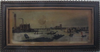 A painting on glass "River Scene" possibly Westminster 7" x 17"