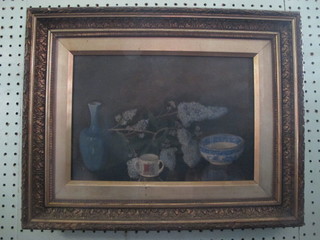 C Skoyles, oil on canvas, still life study "Vase, Bowl and Buddleia" 8" x 12" contained in a gilt frame