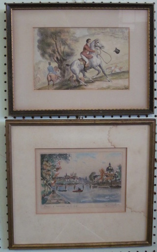 A coloured print "Huntsman and Hounds" the reverse with Baynton-Williams label 5" x 8" together with a coloured print  "The River Seine" 4 1/2" x 7"