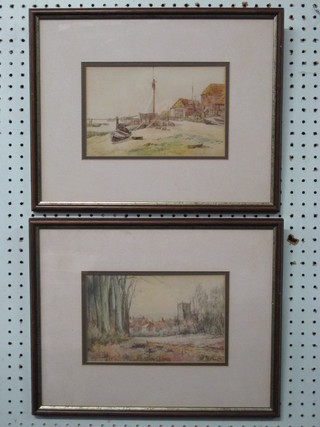 W Raal?, pair of watercolour drawings "Quay with Fishing Boats" 5" x 8 1/2" and "Country Church" signed to bottom left  hand corner