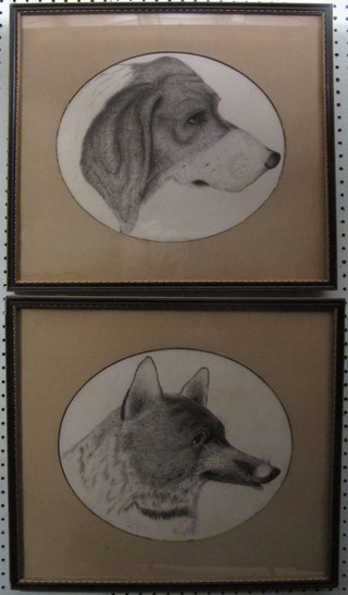 R D Fraser, a pair of Victorian pencil sketches "Foxes Mask and Hounds Head" 10" oval