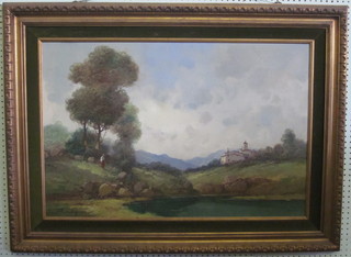 Tami Bordigmom, Continental oil on canvas "Lake with Building  in Distance" 23" x 34"