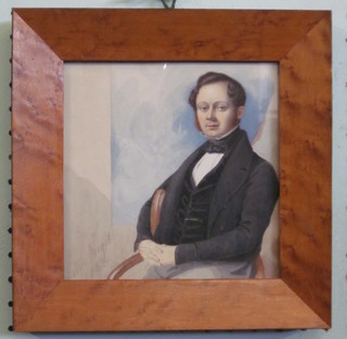 Victorian watercolour "Seated Gentleman" indistinctly signed and dated 1842, 6" x 6 1/2" in a maple frame