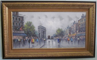 A Devity, a large and impressive pair of oil paintings on canvas "Impressionist Parisian Street Scenes with Figures" 23" x 47",  contained in heavy gilt frames  ILLUSTRATED