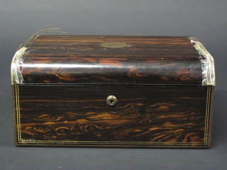 A Victorian D shaped coromandel and brass mounted jewellery  box with fitted trays by J T Meads of 100 New Bond Street, 12"