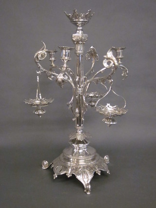 A handsome Victorian silver plated 6 branch table centre piece  with 3 candle sconces and 3 baskets, raised on a circular  spreading foot 26"  ILLUSTRATED