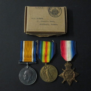 A group of 4 comprising 1914-15 Star, British War medal,  Victory medal and WWII Defence medal with original box of  issue, to 974 Pte. H Ward Royal Fusiliers