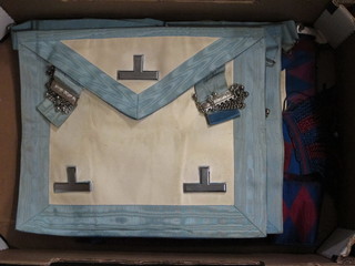 A collection of Masonic regalia comprising Master Masons  apron, Masters apron, 3 Royal Arch Companions aprons, Royal  Arch Principal's apron and 5 sashes