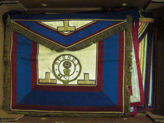 A quantity of Masonic regalia comprising Mark Master Masons Provincial Grand Officer's apron, Overseer, Mark Master's  apron, Mark Master Masons apron and 2 Royal Ark Mariner's  aprons