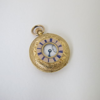 A demi-hunter fob watch with enamelled dial and Roman  numerals contained in an 18ct chased gold case