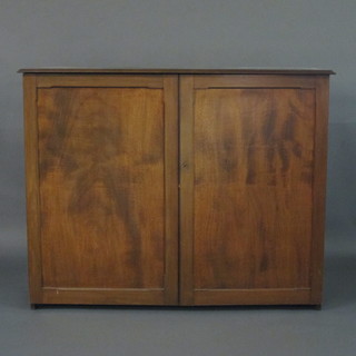 A 19th Century mahogany cabinet, the interior fitted 2 shelves enclosed by panelled doors, raised on a platform base, 56"