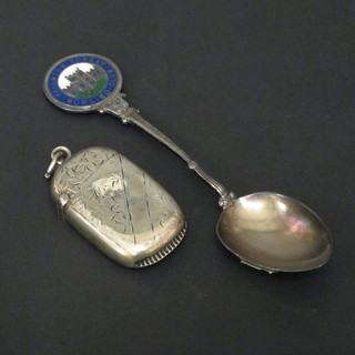 An Edwardian engraved silver vesta case, Birmingham 1902 and  a silver and enamelled teaspoon
