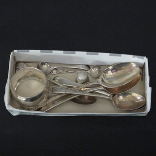 2 silver spoons, 3 silver teaspoons, a silver napkin ring and 2 condiment spoons, 2 ozs