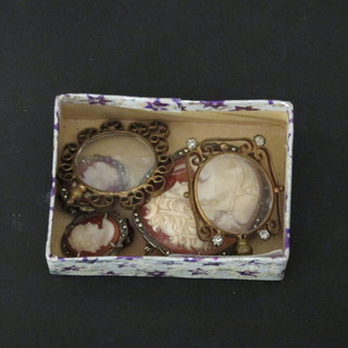 A shell carved cameo portrait brooch together with a pair of  matching earrings and 2 gilt lockets