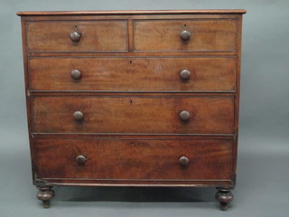 A 19th Century rectangular mahogany chest of 2 short and 3 long  drawers with tore handles, raised on turned supports, 43"