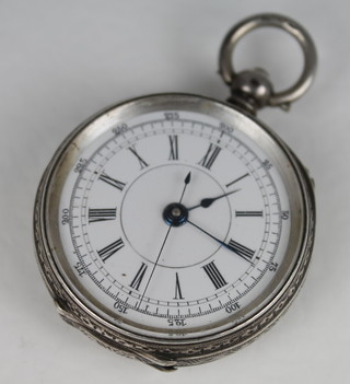 A chronograph contained in an open faced silver case