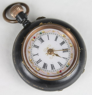 An open faced fob watch with enamelled dial contained in a gun metal case