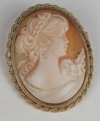 A shell carved cameo portrait pendant/brooch contained in a 9ct  gold mount