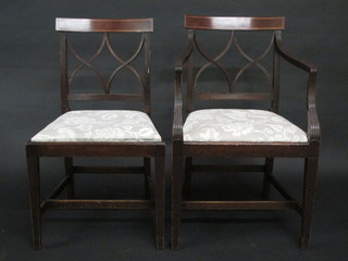 A set of 6 Edwardian inlaid mahogany Georgian style bar back  dining chairs with lattice work backs and upholstered seats, raised  on square tapering supports - 2 carvers, 4 standard