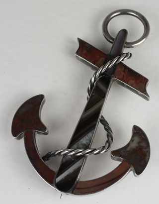 A silver and hardstone set brooch decorated an anchor