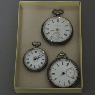 An open faced pocket watch contained in a silver case by S A Violet of Exeter, 1 other f, and a lady's fob watch