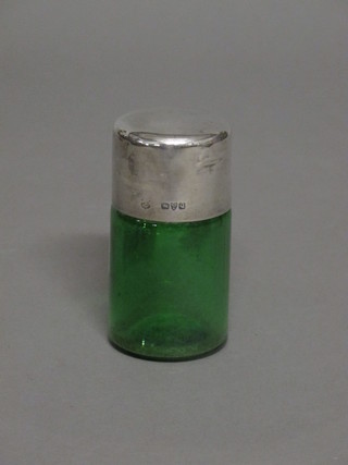 A Victorian green glass salts bottle with silver lid, Chester 1899,  3"