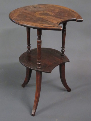 A Victorian inlaid rosewood horse shoe shaped 2 tier occasional table, raised on turned supports
