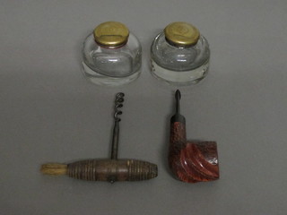 2 circular glass inkwells with brass lids 3", a pipe and a 19th Century steel corkscrew