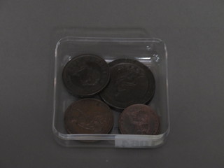 A George III 1797 cartwheel penny, a George III 1807 half penny, a Victorian 1844 penny and a Victorian 1854 half penny