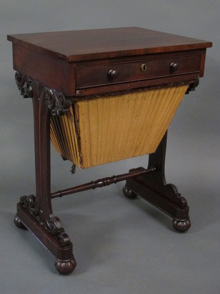 A William IV rectangular mahogany work table fitted a drawer  and with deep basket, raised on panel supports with H framed  stretcher 22"