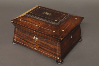 A Victorian rosewood cushion shaped trinket box inlaid mother  of pearl, raised on bun feet 12", requires attention,