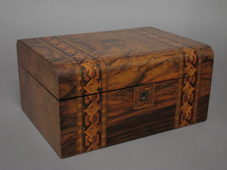 A Victorian walnut D shaped jewellery box with parquetry  banding and hinged lid 12"