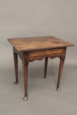 An 18th Century oak side table, fitted a frieze drawer and raised  on club supports with later mahogany top, 28"