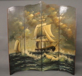 A painted 4 fold dressing screen decorated a Galleon in full sail