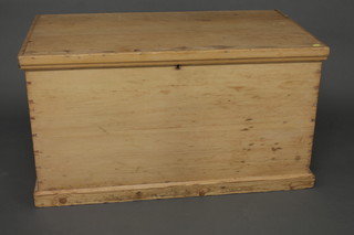 A rectangular pine trunk with hinged lid and iron drop handles,  raised on a platform base 41"