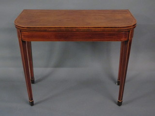 A Georgian mahogany D shaped card table inlaid satinwood  stringing, raised on square tapering supports 36"   ILLUSTRATED