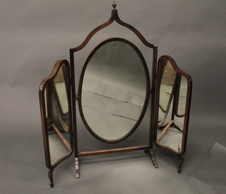 An Edwardian inlaid mahogany triple plate dressing table mirror contained in an inlaid mahogany frame