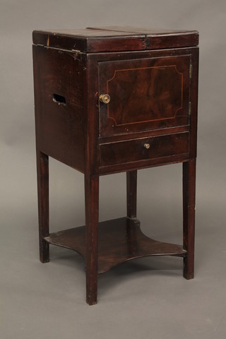 A square Georgian mahogany enclosed wash stand fitted a  cupboard and drawer, raised on square tapering supports 16"